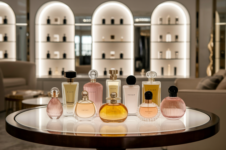 bouteilles-parfum-table-bois-floutee