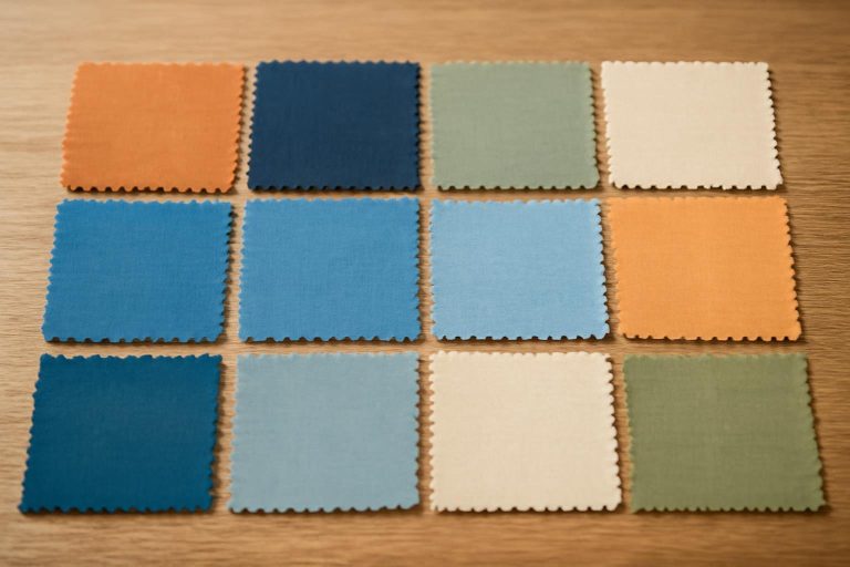 echantillons-tissus-bleus-oranges-beige-table-bois