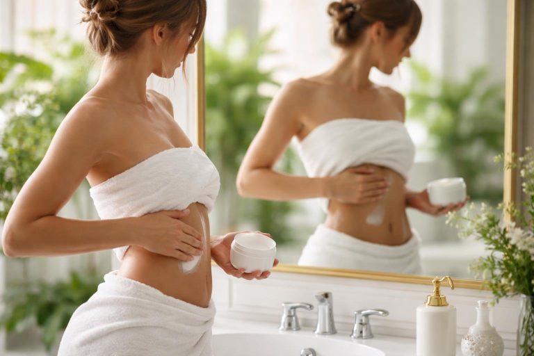 femme-creme-ventre-miroir-plantes