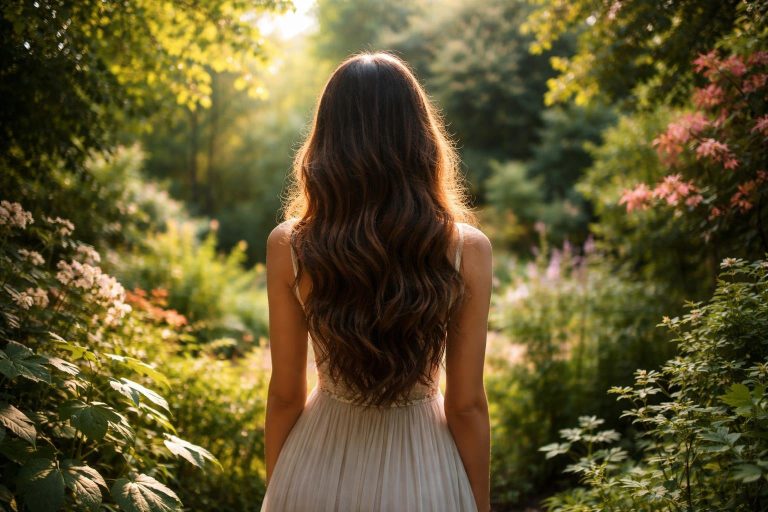 femme-cheveux-longs-jardin-luxuriant
