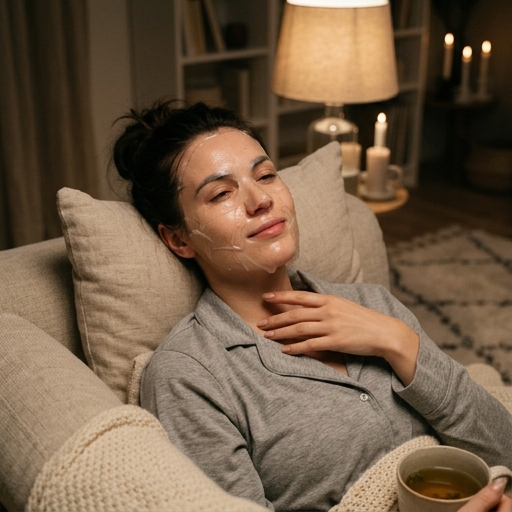 femme dans son salon utilisant un masque au collagène